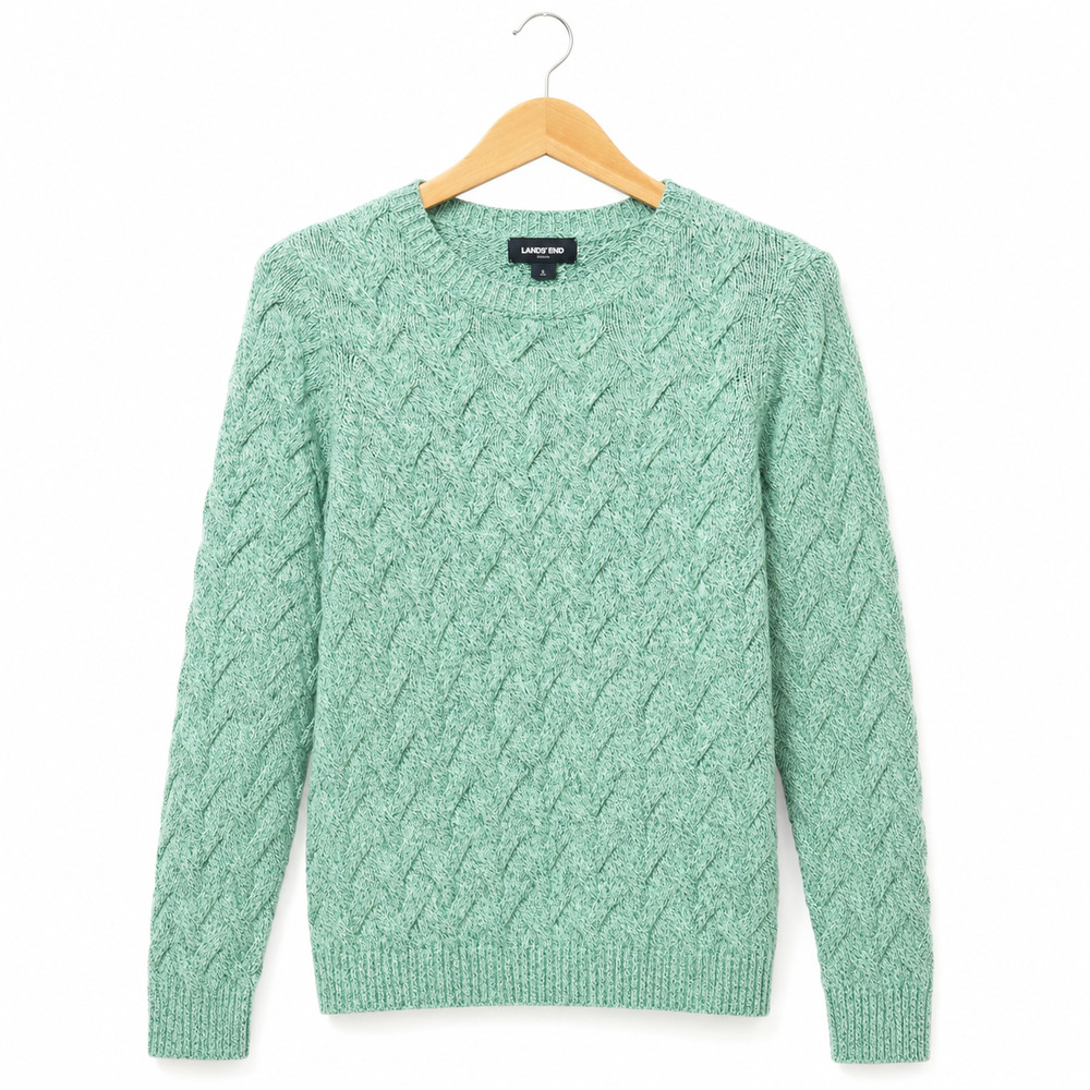 Lands End Drifter Sweater Womens Size Small Green Cable Knit Chunky Fisherman